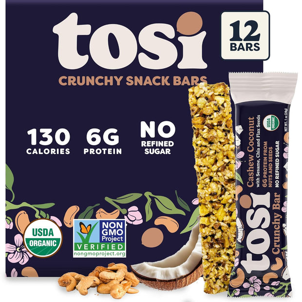 Tosi Nut Bars, Cashew Coconut, Healthy Snacks for Adults & Kids, Plant Based Crunchy Bars (6G Protein), Organic Keto Snacks, Vegan, Gluten & Soy Free, Low Sugar, Omega 3s, 1oz, 12-Pack