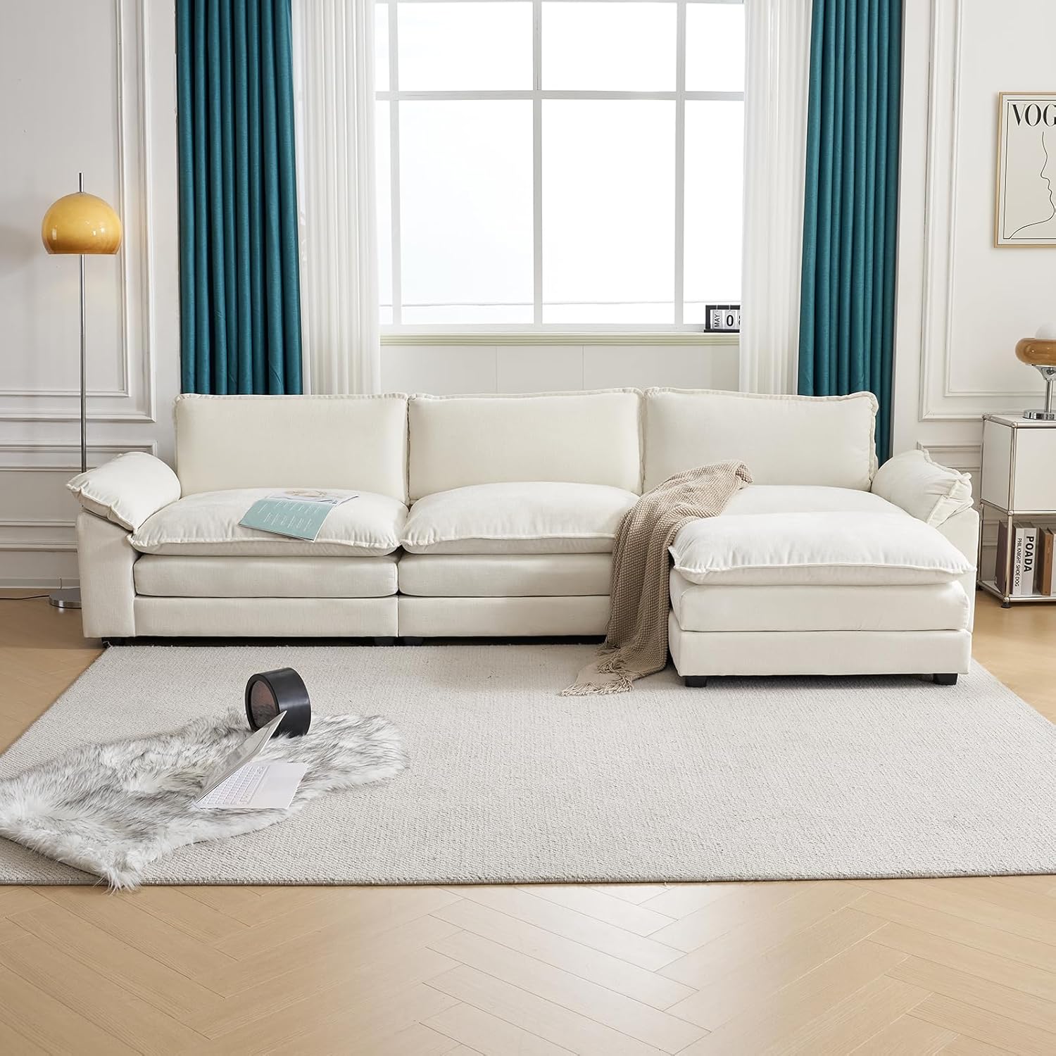 Karl home Sectional Sofa Modular Deep Seat Sofa Couch with Ottoman, Chenille Sofa Sleeper Comfy Upholstered Furniture for Living Room, Apartment, Studio, Office, (3-Seat & 1-Ottoman, Beige)