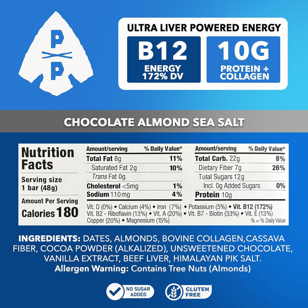 Primal Power Liver Powered Nutrition Bars - B12 Energy Boost, 10g Protein, Vitamins, Minerals, Collagen, Zero Added Sugar, Gluten Free - Pack of 12 (Chocolate Almond Sea Salt Flavor)