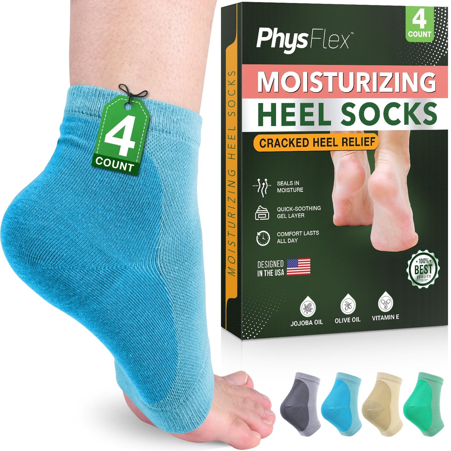 4-Pack Moisturizing Heel Socks for Cracked Heels - Gel Socks for Dry Cracked Feet Repair - Silicone Socks for Women and Men Foot Treatment & Overnight Hydration (Gray)
