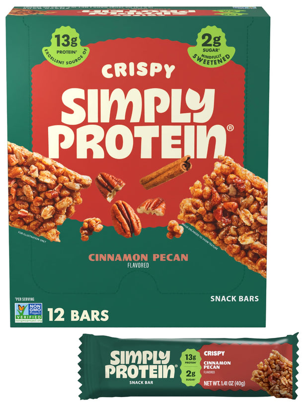 Simply Protein - Crispy Vegan Protein Bars Variety Pack, 3 Flavors - Plant Based, Protein Snacks - 13g Protein, 2g Sugar, 7g Fiber - Gluten Free, Non GMO, Kosher - 12 Bars