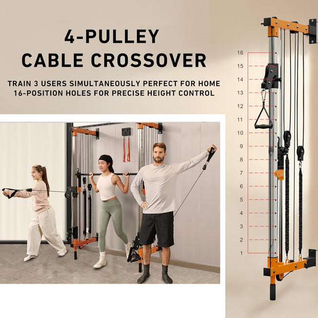Wall-Mounted Folding Smith Machine Home Gym, All-in-One Compact Power Cage & Cable Pulley Trainer with 125–250LB Dual-User Resistance Band System for Home, Garage, Basement Fitness