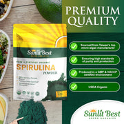 Sunlit Best Spirulina Powder Organic USDA - Chlorophyll, Fast Absorption, Blue-Green Spirulina Algae, Raw Vegan Protein - Non-GMO, Gluten Free Superfood Energy, Gut, Immune Support Supplement - 8 Oz