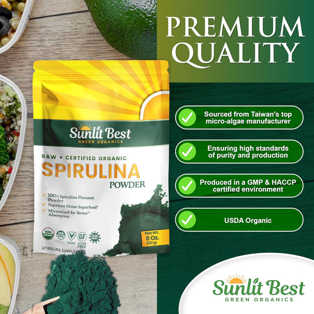 Sunlit Best Spirulina Powder Organic USDA - Chlorophyll, Fast Absorption, Blue-Green Spirulina Algae, Raw Vegan Protein - Non-GMO, Gluten Free Superfood Energy, Gut, Immune Support Supplement - 8 Oz