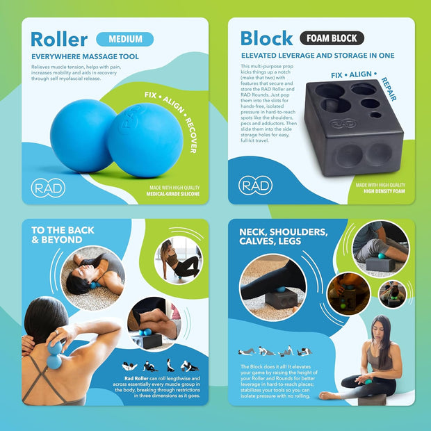 RAD All-in Kit – Foam Roller Set for Whole Body Massage & Myofascial Release – 7-in-1 Kit with Roller Stick, Yoga Block, Massage Balls – Muscle Recovery Tools for Mobility & Flexibility