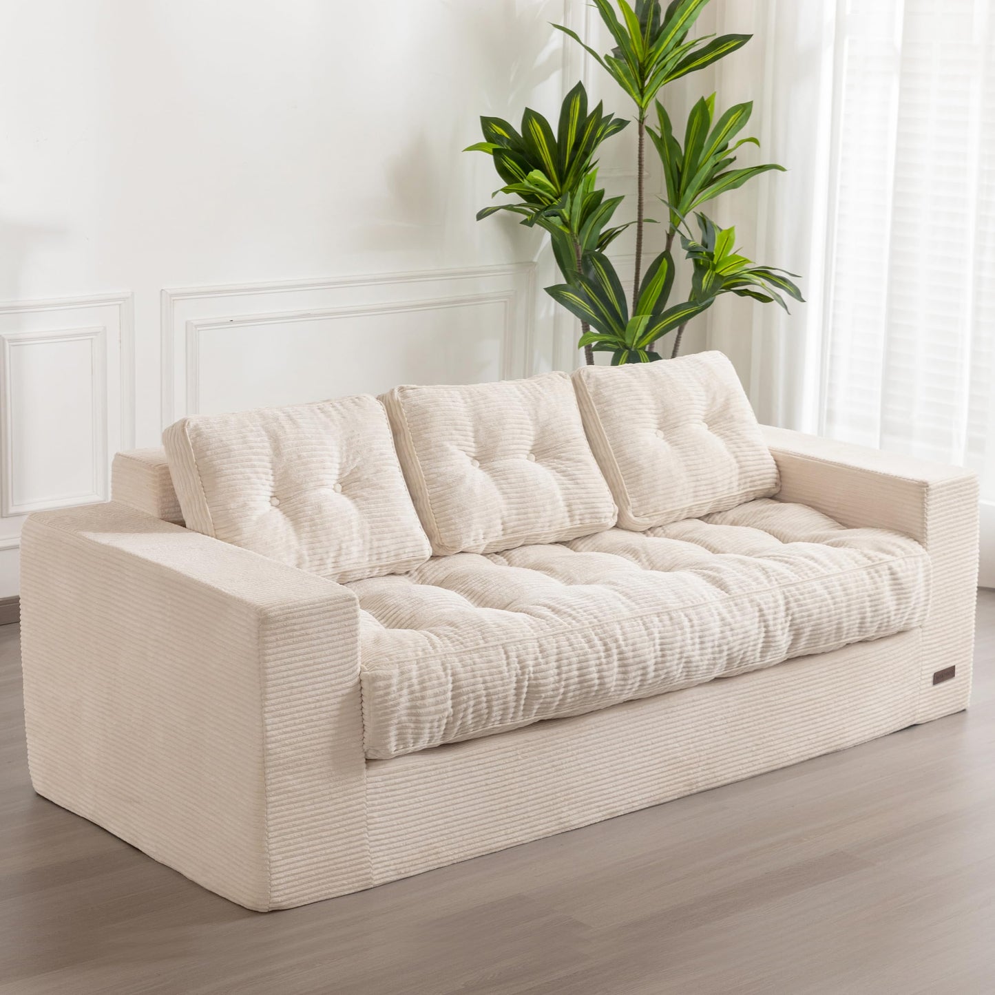 MAXYOYO 3 Seater Couch for Living Room, Boneless Couch with Tufted Cushion & Backrest, Upholstered Floor Sofa with Armrests, Sofa in A Box, No Assembly Required, Dark Grey