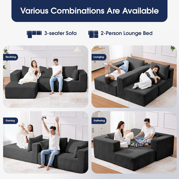 KINGYES Modular Sectional Sofa, 107'' Cloud Couch for Living Room, L Shaped Modern Sectional Sofa with Chaise for Bedroom, Grey