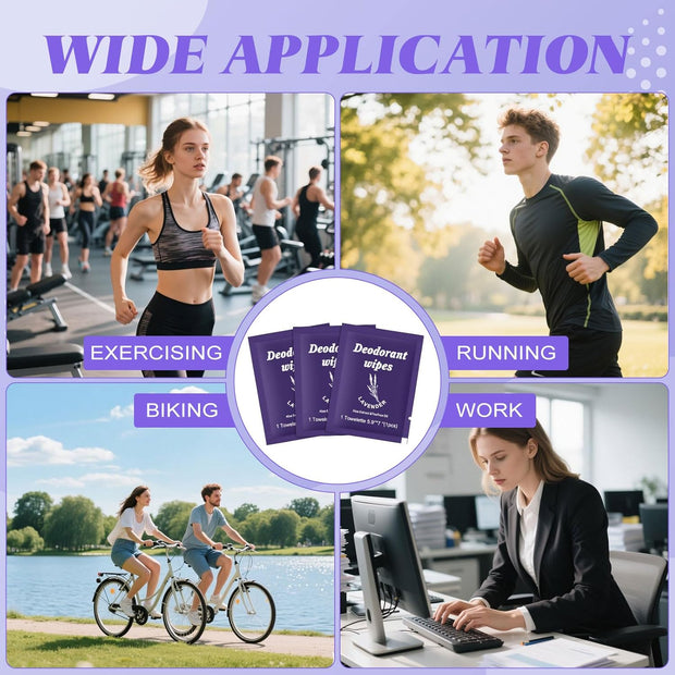 Travel Deodorant Wipes Individually Wrapped,Body Wipes to Clean Skin for Women Men（Lavender,pack of 100)