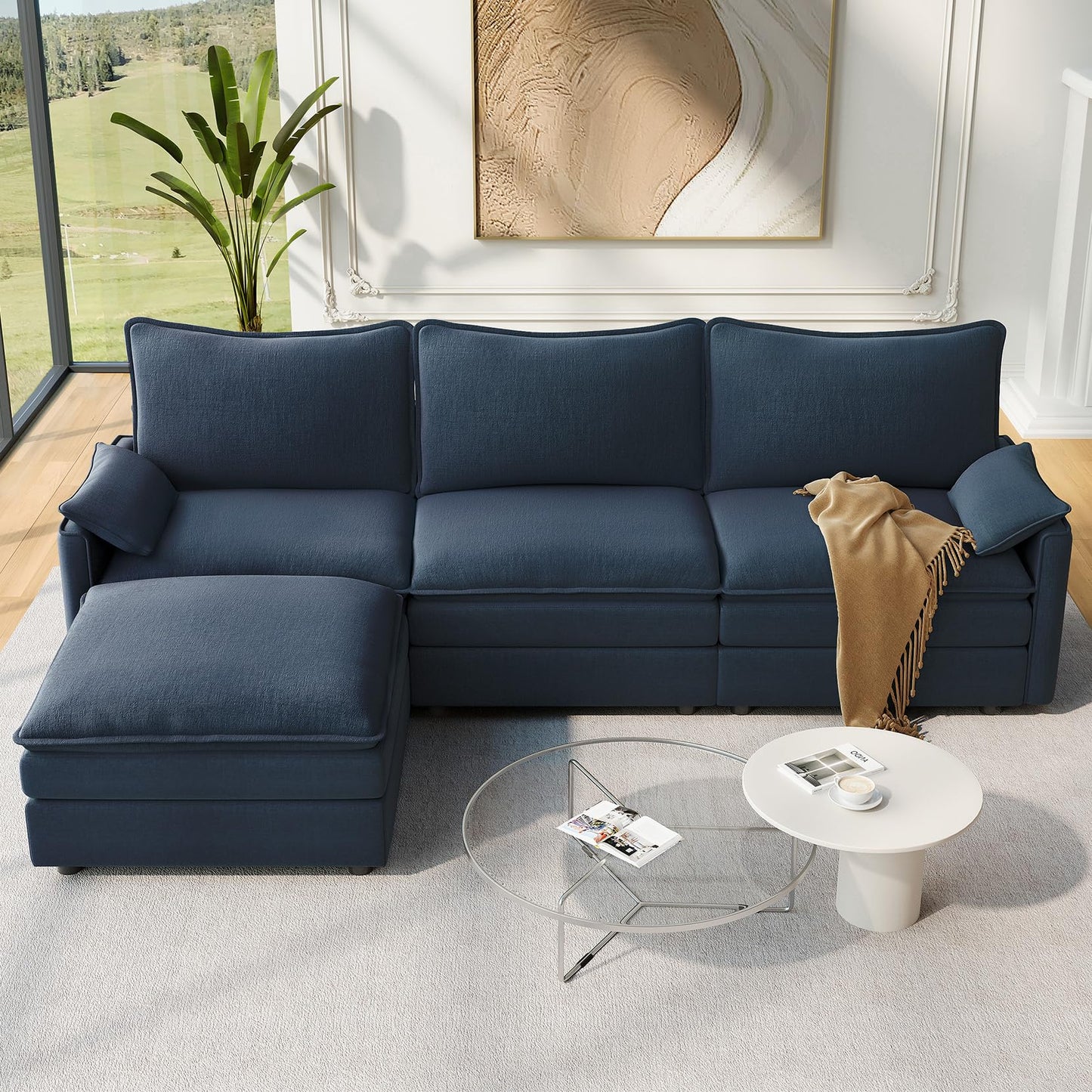 Vesgantti 108" Modular Sectional Sofa, Comfy Cloud Couch with Movable Ottoman Deep Seat Chenille L Shaped Modular Sofa, Sectional Couches for Living Room, Bedroom and Apartment, Beige