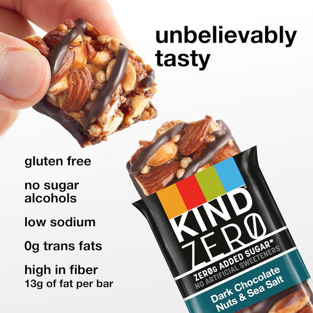 KIND ZERO Added Sugar Bars, Keto Snack, Dark Chocolate Nuts and Sea Salt, Good Source of Fiber, Gluten Free, Low Sugar, 6g Protein, 30 Count
