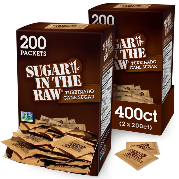 Sugar In The Raw Turbinado Cane Sugar Packets, 200 Ct Box, 1 Pack, Pure, All-Natural Turbinado Sugar, Non-GMO Project Verified, Kosher, Vegan and Gluten Free