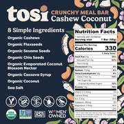 Tosi Meal Nut Bars, Cashew Coconut, Healthy Snacks for Adults & Kids, Crunchy Plant Based Protein Bar (14G), Keto Snacks, Vegan, Gluten & Soy Free, Low Sugar, Omega 3s, 2.4oz, 12-Pack