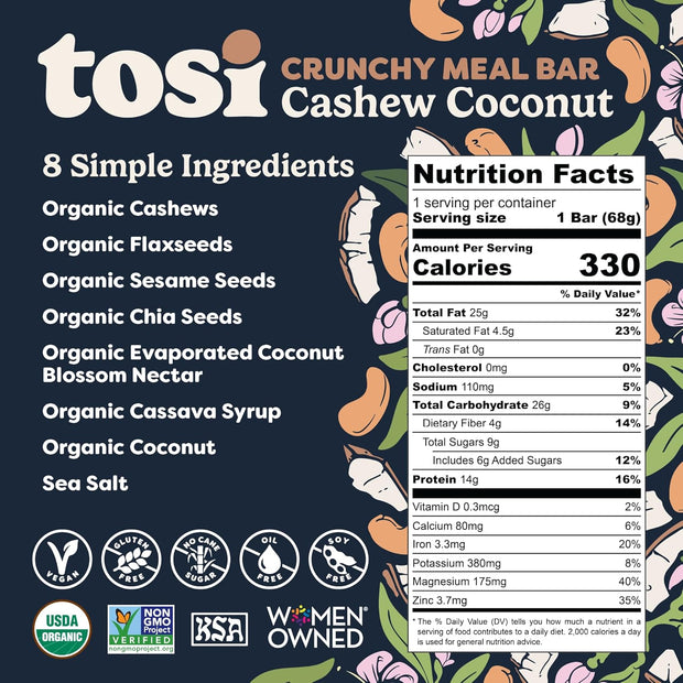 Tosi Meal Nut Bars, Cashew Coconut, Healthy Snacks for Adults & Kids, Crunchy Plant Based Protein Bar (14G), Keto Snacks, Vegan, Gluten & Soy Free, Low Sugar, Omega 3s, 2.4oz, 12-Pack
