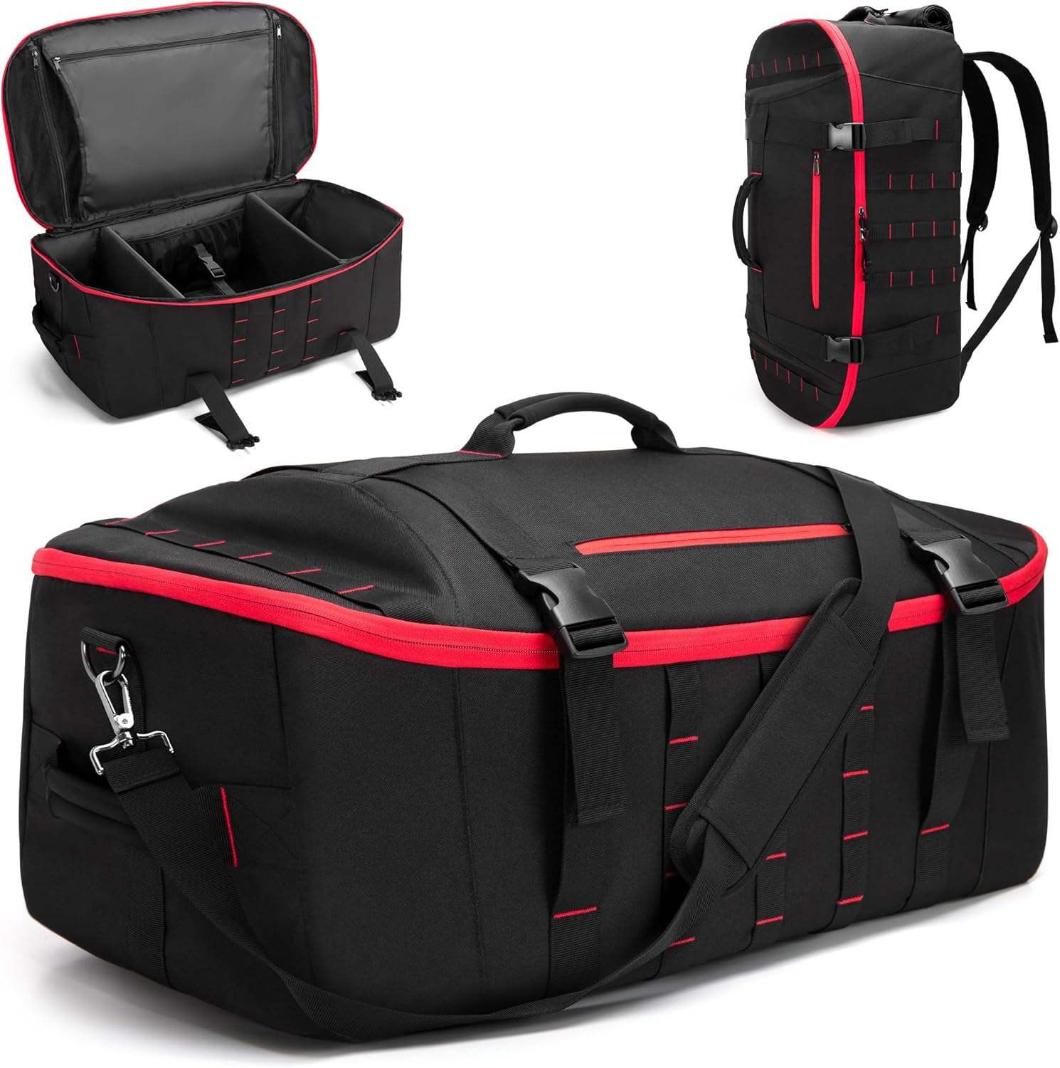 65L Tactical Duffle Bag Gym Bag with Backpack Straps, Wet Pocket and Detachable Dividers, Duffle Backpack for Travel, Sports and Military, Black