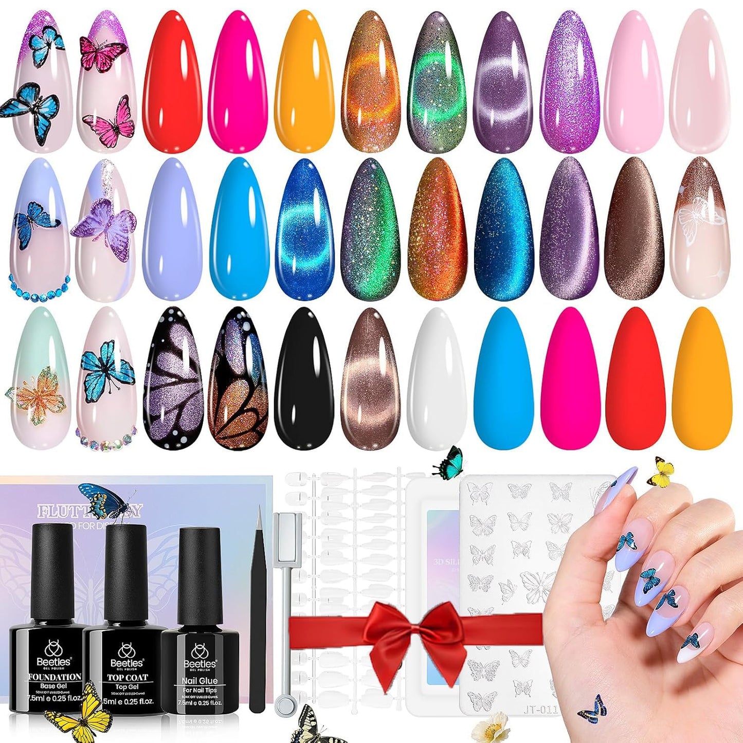 Beetles Cat Eye Gel Nail Polish Set-36 Colors Red Purple Brown Green Burgundy Magnetic Gel Nail Polish with Base Gel Glossy Matte Top Coat Magnet,Soak off UV Nail Gel DIY Nail Art Gift for Women