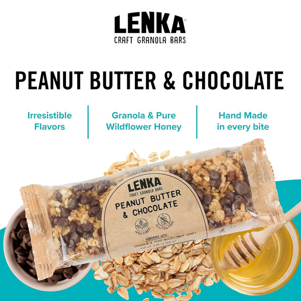 Lenka Bars - Peanut Butter & Chocolate Snack Bars, Gluten Free, High Fiber, Kosher, Wholesome, No Artificial Flavors, Individually Wrapped - 12 Pack