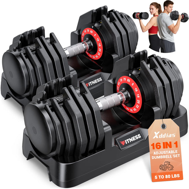 XDDIAS Adjustable Dumbbell Set of 2-25LB/55LB Set-1Sec Adjustable Dumbbell Weights-5 in 1 Free Weights Dumbbells Set with Effortless Tray/No-Slip Handle-Compact Size for Women/Men at Home Gym