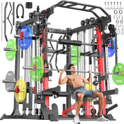 Smith Machine with Cable Crossover System, Multi-Function Squat Rack Power Cage for Home Gym, Power Rack and Packages Weight Sets