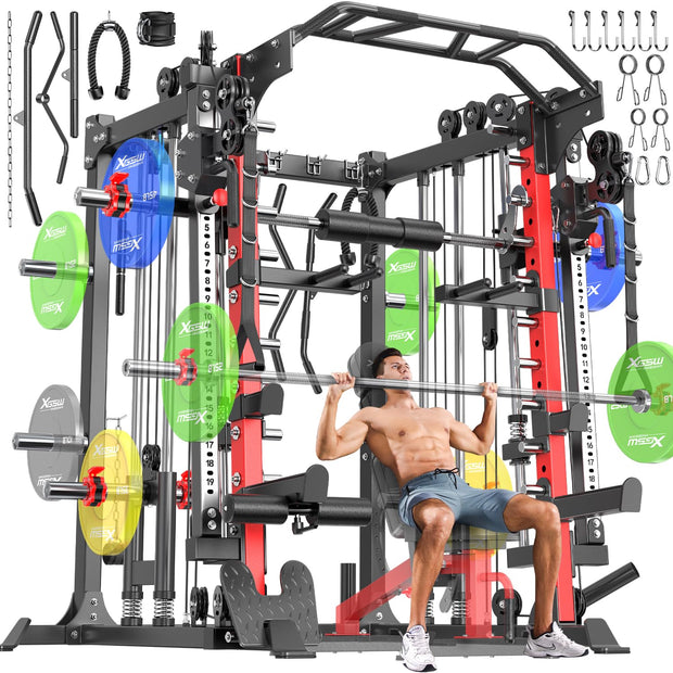 Smith Machine with Cable Crossover System, Multi-Function Squat Rack Power Cage for Home Gym, Power Rack and Packages Weight Sets