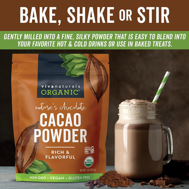 Viva Naturals Organic Cacao Powder, 1lb - Unsweetened Cacao Powder With Rich Dark Chocolate Flavor, Perfect for Baking & Smoothies, Non-GMO, Certified Vegan & Gluten-Free, 454 g