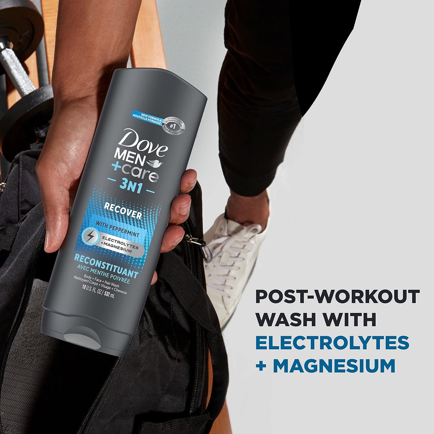 Dove Men+Care Post-Workout 3-IN-1 (Body + Face + Hair Wash) With Peppermint 4 Count Infused with Electrolytes + Magnesium 18 oz