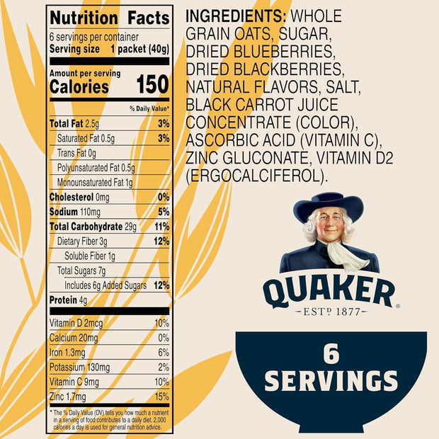 Quaker Immunity Instant Oatmeal, Blueberry Blackberry, Good Source of Vitamins C, D, & Zinc, Whole Grains, No Artificial Flavors, No Colors from Artificial Sources, 1.41 oz Packets, (6 Pack)