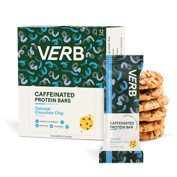 Verb Energy Caffeinated Protein Bar Bundle – Chocolate Chip Peanut Butter & Oatmeal Chocolate Chip – 10g Plant-Based Protein – Vegan, Gluten-Free, 200-Calorie Low Sugar Energy Bars with Organic Green
