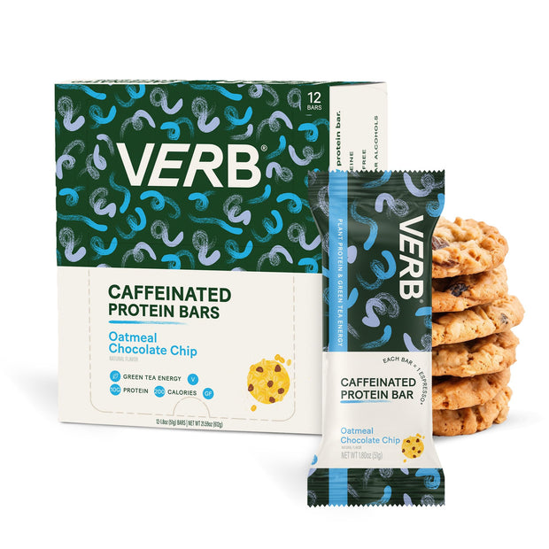 Verb Energy - Caffeinated Protein Bars Chocolate Chip Cookie Dough 190-Calorie Low Sugar 10g Protein Bar - Vegan Snacks - Gluten Free Breakfast Bars with Organic Green Tea, 51g Per Bar (Pack of 12)