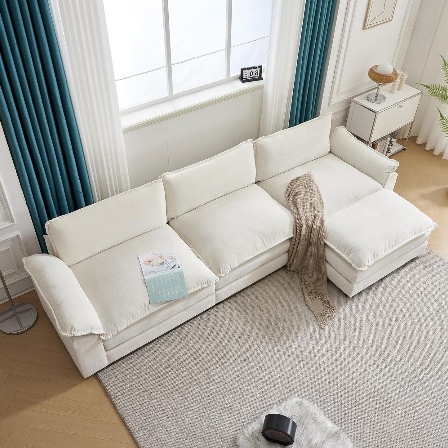 Karl home Sectional Sofa Modular Deep Seat Sofa Couch with Ottoman, Chenille Sofa Sleeper Comfy Upholstered Furniture for Living Room, Apartment, Studio, Office, (3-Seat & 1-Ottoman, Beige)