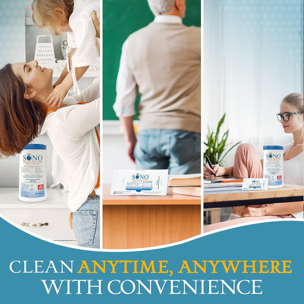 SONO Disinfecting Wipes - 80 Count (Canister of 1) and 60 Count (Pack of 3) + Sanitizer, Medical-Grade, Alcohol-Free, No Bleach, Gentle & Effective Multi-Surface Cleaning Solution