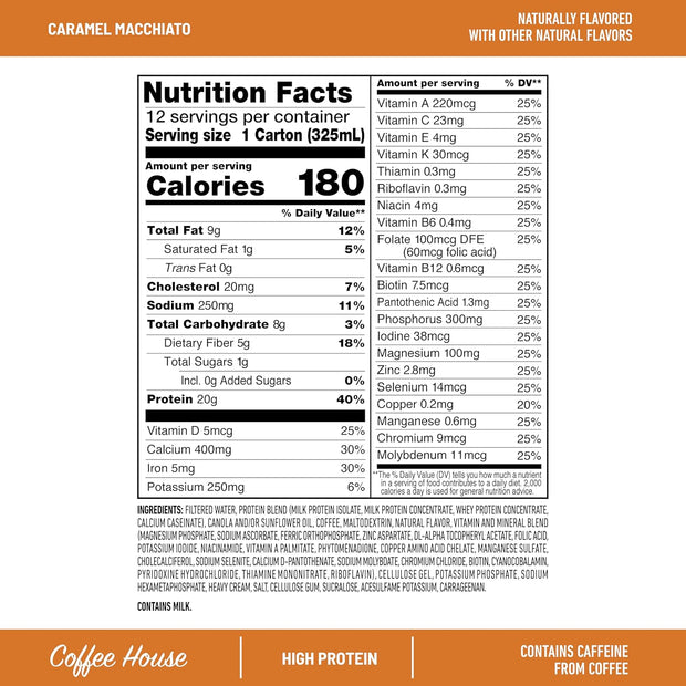 SlimFast Protein Shake with Caffeine, Caramel Macchiato- 20g Protein, Meal Replacement Shakes, High Protein with Low Carb and Low Sugar, 24 Vitamins and Minerals, 12 Count (Pack of 1)