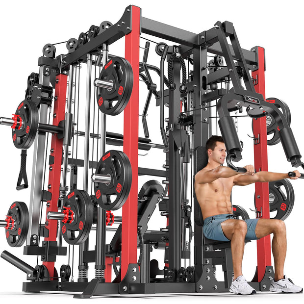 Smith Machine with Cable Crossover System, Multi-Function Squat Rack Power Cage for Home Gym, Power Rack and Packages Weight Sets
