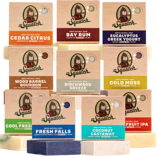 Dr. Squatch Natural Bar Soap for Men Variety Gift Set - Cold Process No Harsh Chemicals - Birchwood Breeze, Fresh Falls, Wood Barrel Bourbon, Coconut Castaway, Cedar Citrus & more (5 oz, 10-Pack)