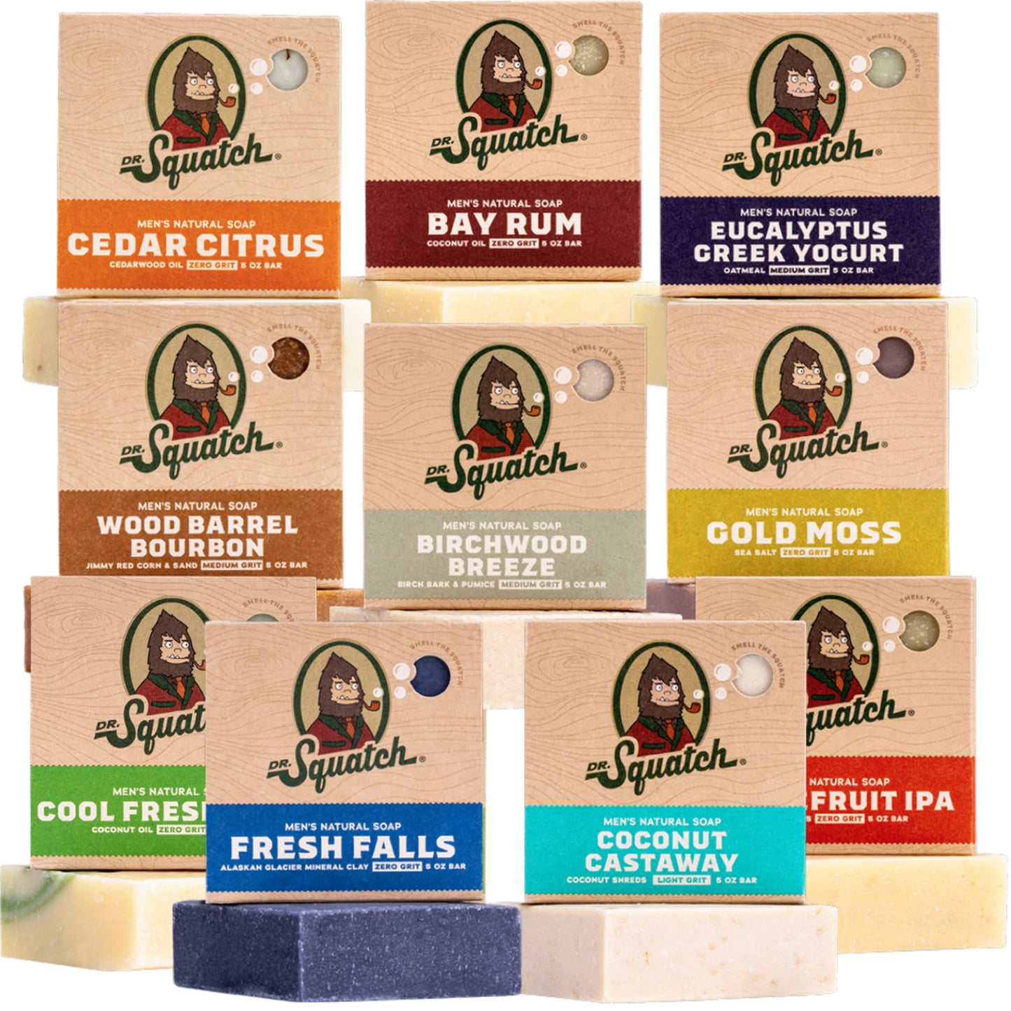 Dr. Squatch Natural Bar Soap for Men Variety Gift Set - Cold Process No Harsh Chemicals - Pine Tar, Bay Rum, Grapefruit IPA, Cool Fresh Aloe, Goat's Milk & more (5 oz, 10-Pack)