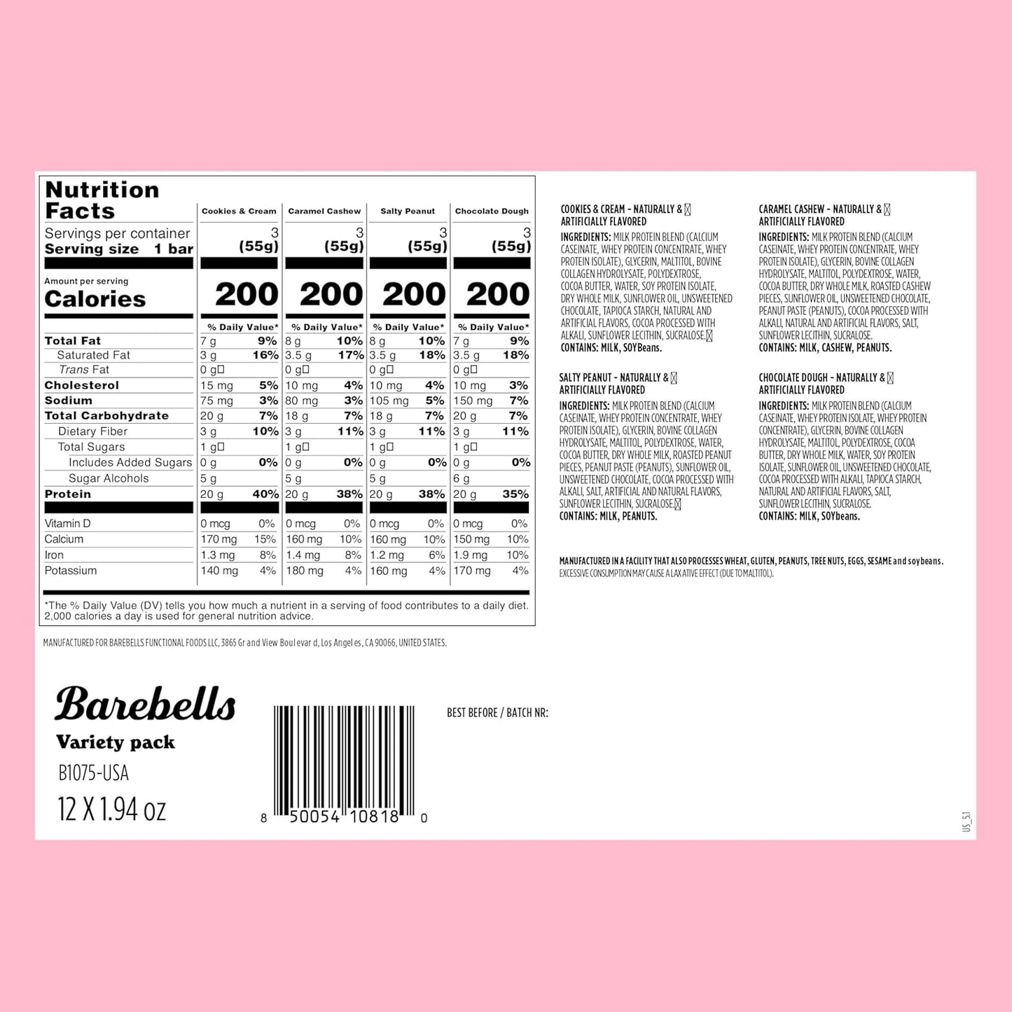 Barebells Protein Bars Variety Pack - 12 Count, 1.9oz Bars - Protein Snacks with 20g of High Protein - Chocolate Protein Bar with 1g of Total Sugars - Perfect on The Go Protein Snack & Breakfast Bars