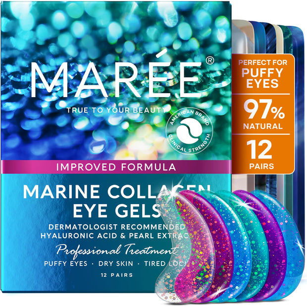 MAREE 24k Gold Under Eye Gels for Dark Circles and Puffiness - Collagen & Hyaluronic Acid Skincare Gel Pads - Gold Eye Patches for Puffy Eyes and Dark Circles - Under Eye Masks - Travel Essentials
