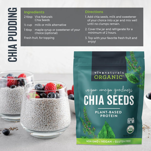 Viva Naturals Organic Chia Seeds 2 LBs - Plant-Based Omega-3 and Vegan Protein, Non-GMO Chia Seeds Organic Perfect for Smoothies, Salads and Chia Seed Pudding, Black Chia Seeds Bulk