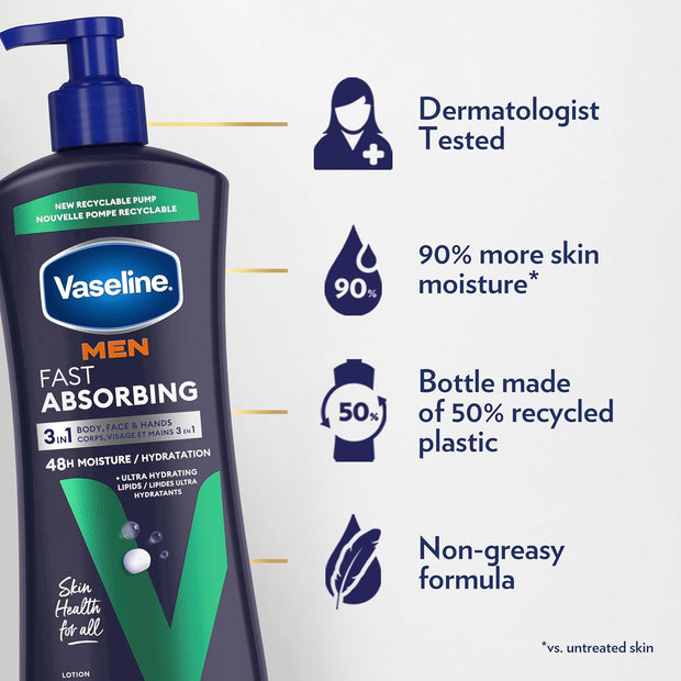 Vaseline Men's Healing Moisture Hand & Body Lotion For Dry or Cracked Skin Fast Absorbing Non-Greasy Lotion for Men 20.3 oz, Pack of 3