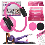 Pilates Ring Set Exercise Equipment with Exercise Bands Resistance Bands Set, Pilates Ball, Sliding Disks – Workout Equipment Home Gym Includes Complete Fitness Poster
