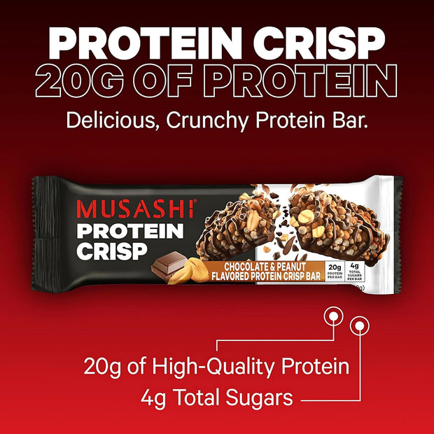MUSASHI Protein Crisp Bar, 20g Protein, 4g Total Sugars, Chocolate & Peanut, Post Workout and Snack On The Go, 12 Pack of 2.1oz (60g) Bars