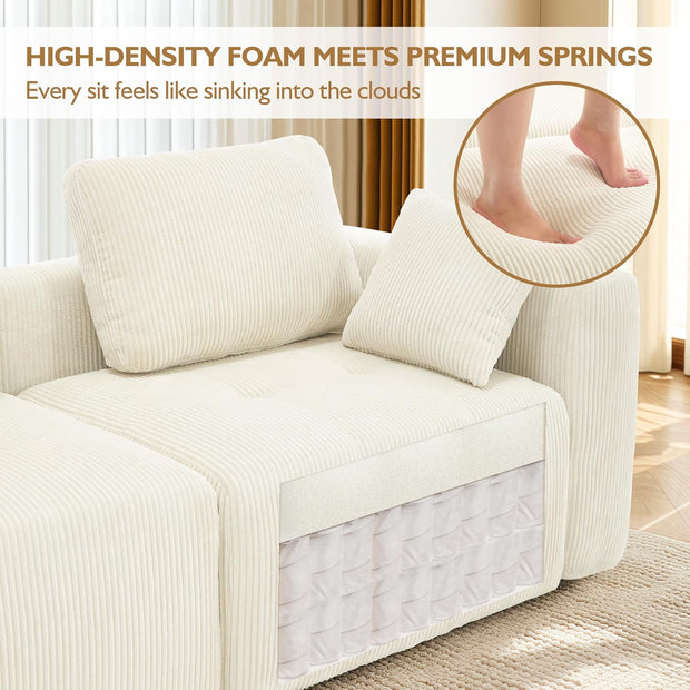 112" Modular Sectional Sofa L-Shaped Couch for Living Room, Comfy Cloud Sofa Modern 3-Seat Sofa with Ottoman, Corduroy Upholstered Boneless Couch with Deep Seat, 5 Pillows, Beige