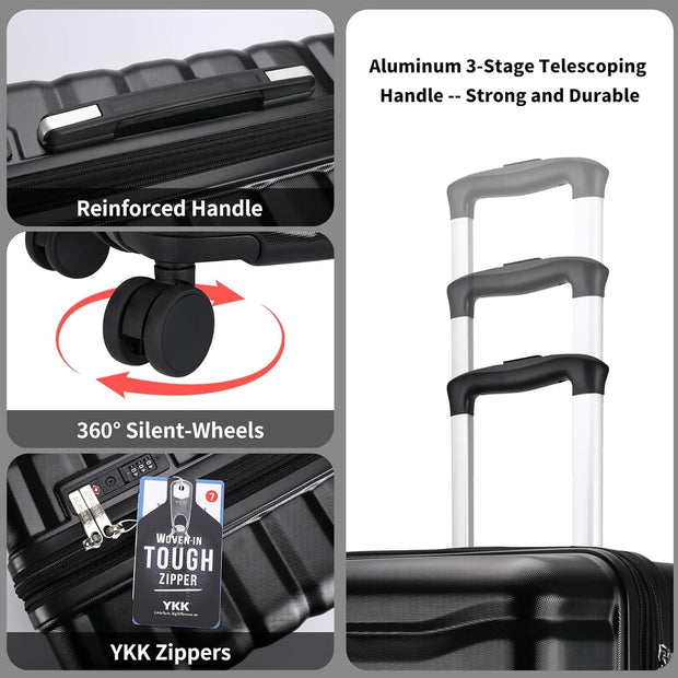 Lightweight Luggage with Spinner Wheels & YKK Zipper, Hard Shell 3-Piece Suitcase ABS+PC Hardside Luggage Set with TSA Lock for Men Travel, Black (20+24+28 inch)