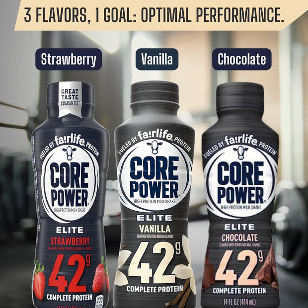 Worldwide Nutrition Bundle Compatible with Fairlife Core Power Elite 42g High Protein Milkshake - Chocolate, Strawberry, Vanilla Protein Shake Ready to Drink - 14 Fl Oz (Pack of 12) & Keychain