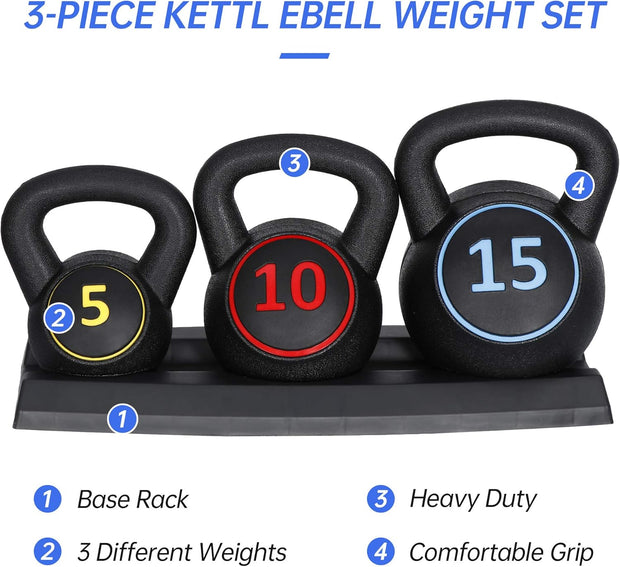Nouva 3-Piece Kettlebell Sets with Storage Rack, 5lb, 10lb, 15lb Strength Training Kettlebells Wide Grip Kettlebell Exercise Fitness Weight Set for Home Gym Weightlifting, Strength & Core Training