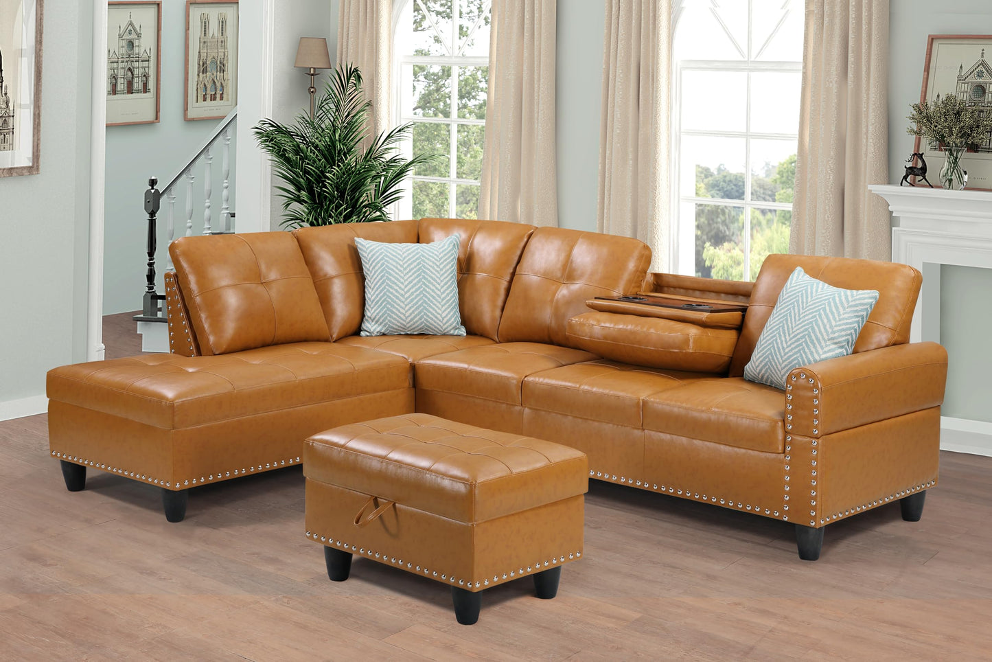 FANYE 3 Piece Modular Sectional Sofa with R Chaise, L-Shaped 5 Seaters Faux Leather Upholstered Corner Sofa & Couch W/2 Cup Holders and Storage Ottoman for Home Apartment Office Living Room
