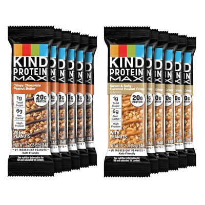 KIND Protein MAX Variety Pack, High Protein Bars, Keto Snacks, 1g Sugar, 20g Protein, (6) Crispy Chocolate Peanut Butter (6) Sweet & Salty Caramel Crisp, 12 Count Pack