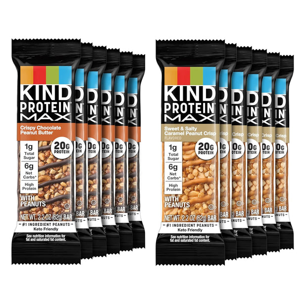KIND Protein MAX Variety Pack, High Protein Bars, Keto Snacks, 1g Sugar, 20g Protein, (6) Crispy Chocolate Peanut Butter (6) Sweet & Salty Caramel Crisp, 12 Count Pack