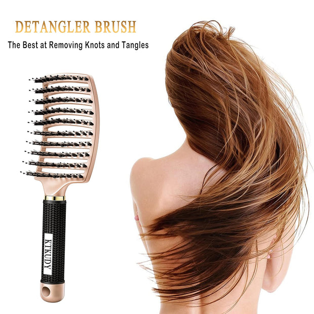 KTKUDY Detangling Brush Getting Knots Out without Pain - Boar Bristles HairBrush Make Hair Shiny & Healthier Vented Detangler Brush for Women Men Kids Wet and Dry Hair (Gold & Green)