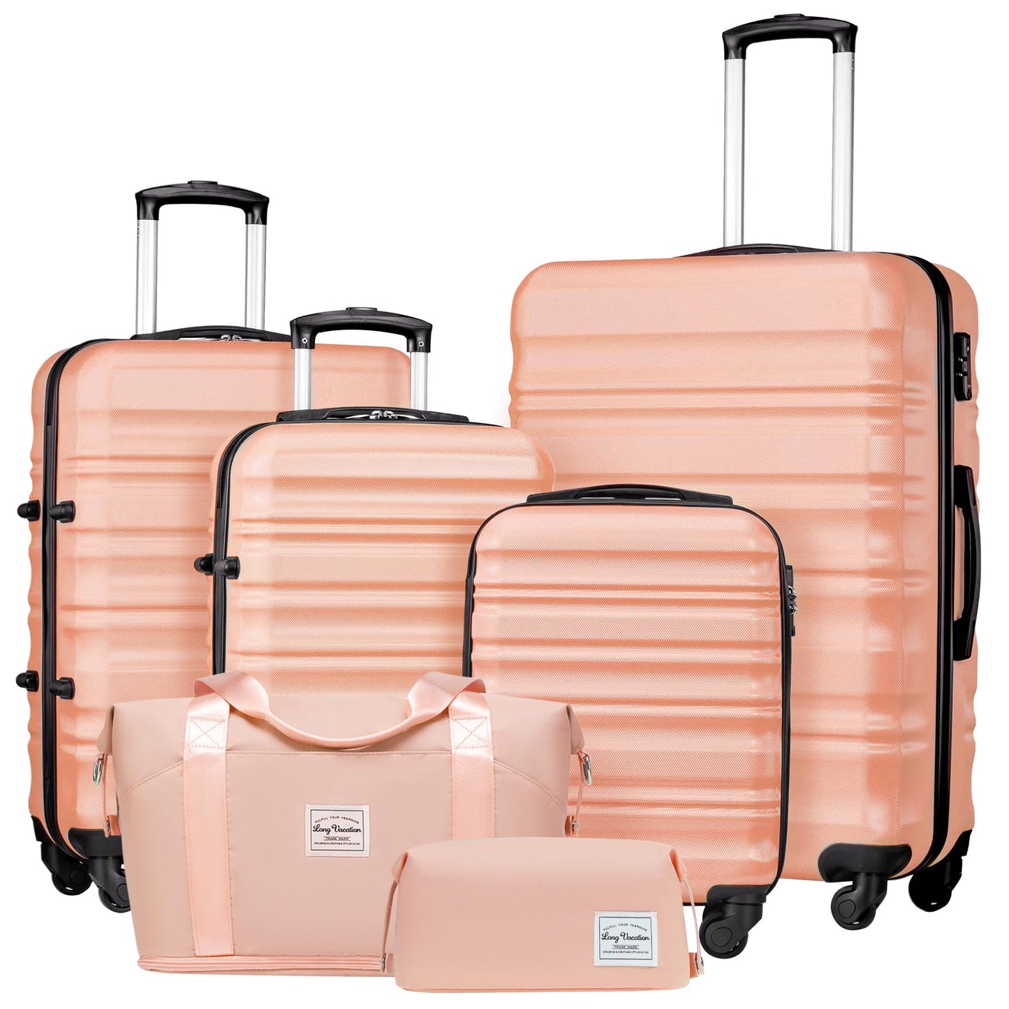 LONG VACATION 6 Piece Luggage Set Carry on Suitcase with ABS+PC hardshell, Spinner Wheels & YKK Zipper TSA Lock (WHITE-BROWN, 6 piece set)