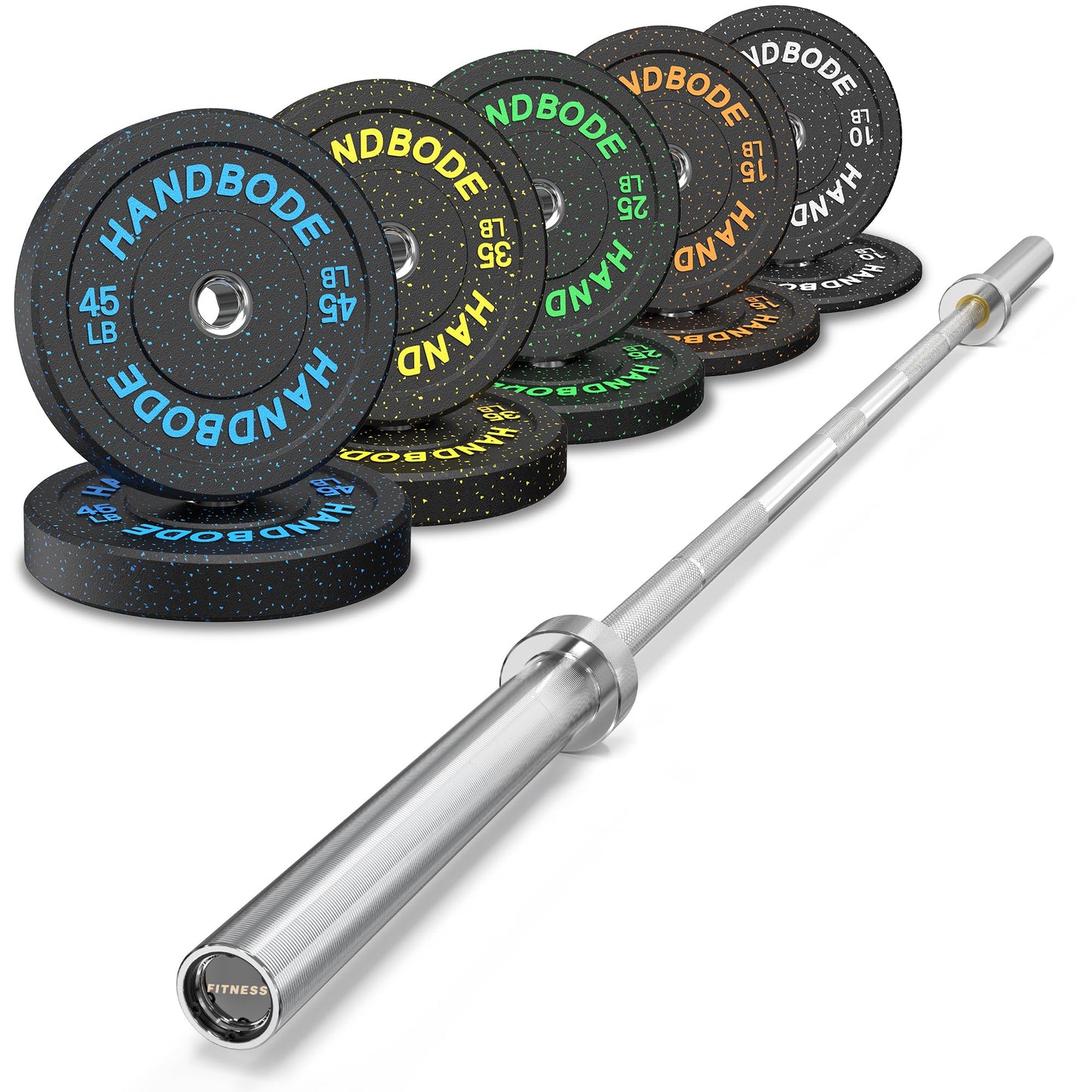 Bumper Plate Olympic Weight Plate Set 2 - Inch, 10-55 lb Barbell Weight Plates for Home Gym, Black Rubber Strength Training Plate for Weight Lifting with 45 lb (20 kg) Black/Silver Barbell